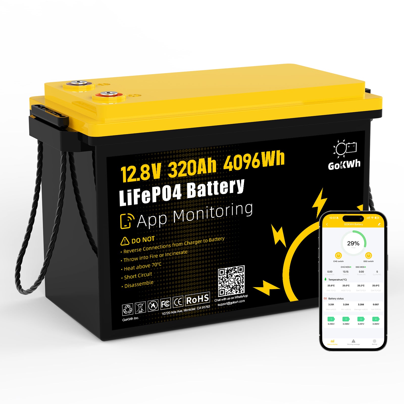 GoKWh 12V 320Ah Built in 200A Bluetooth BMS LiFePO4 Battery