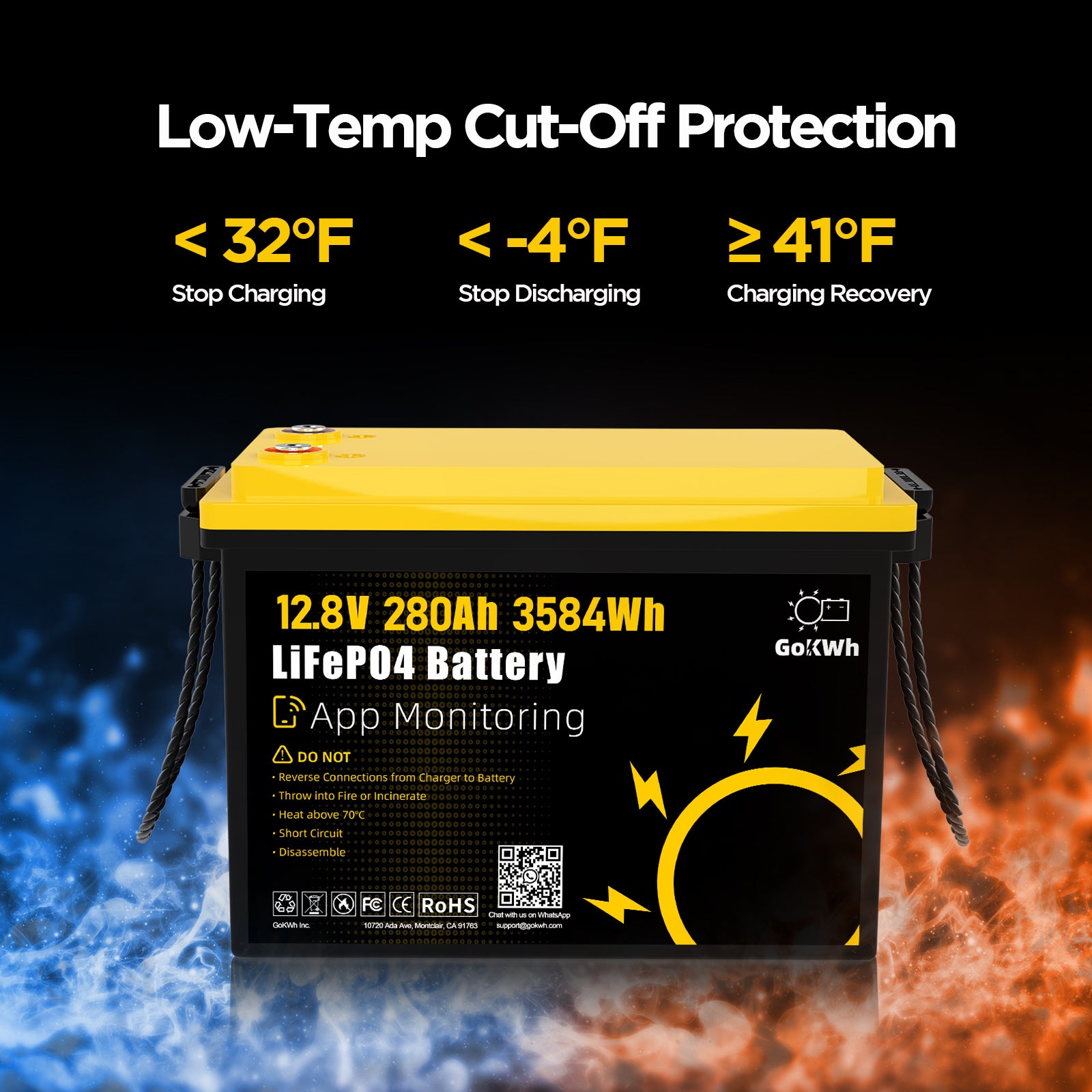 GoKWh 12V 280Ah LiFePO4 Smart Battery Build in 200A BMS