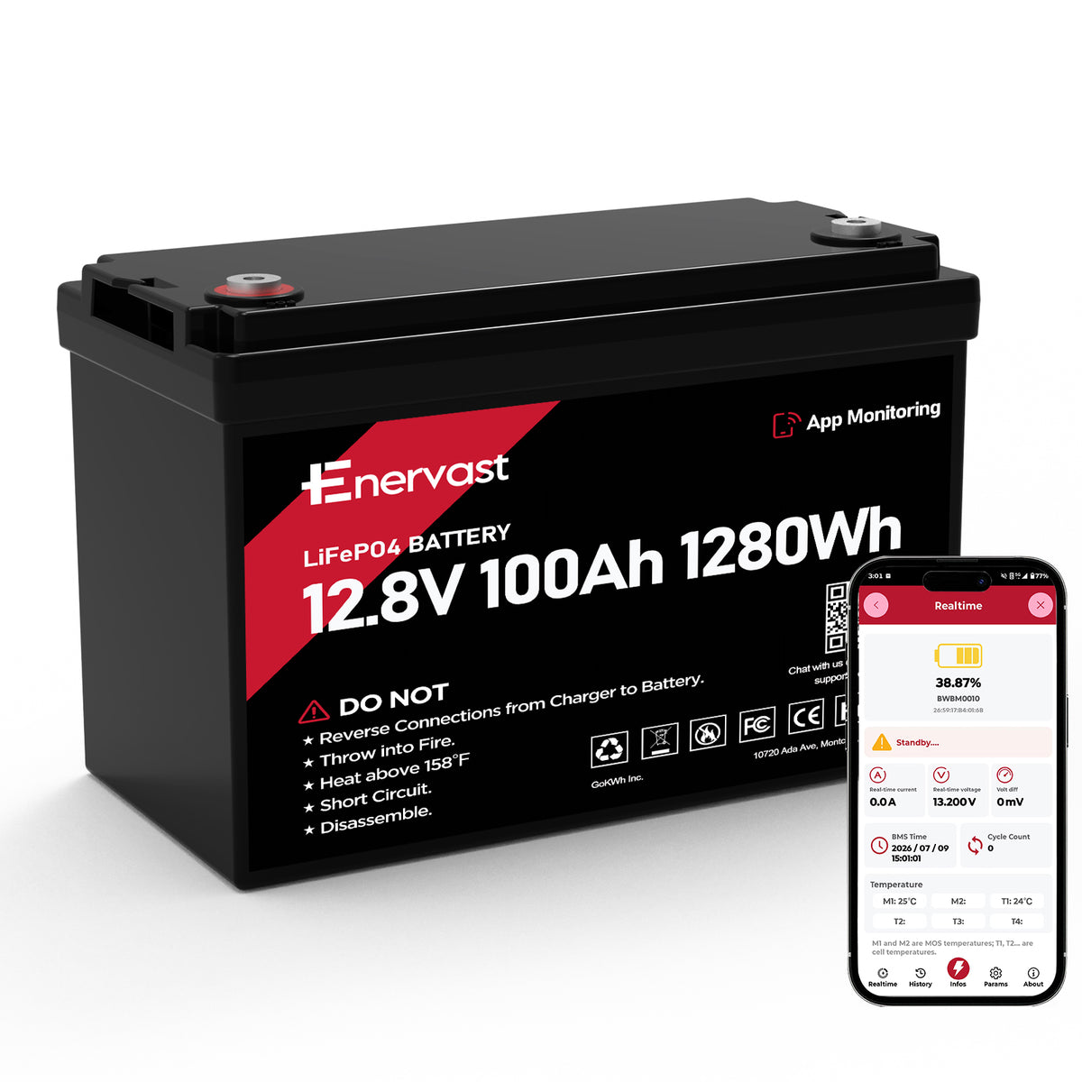Enervast 12V 100Ah LiFePO4 Lithium Battery Group 31