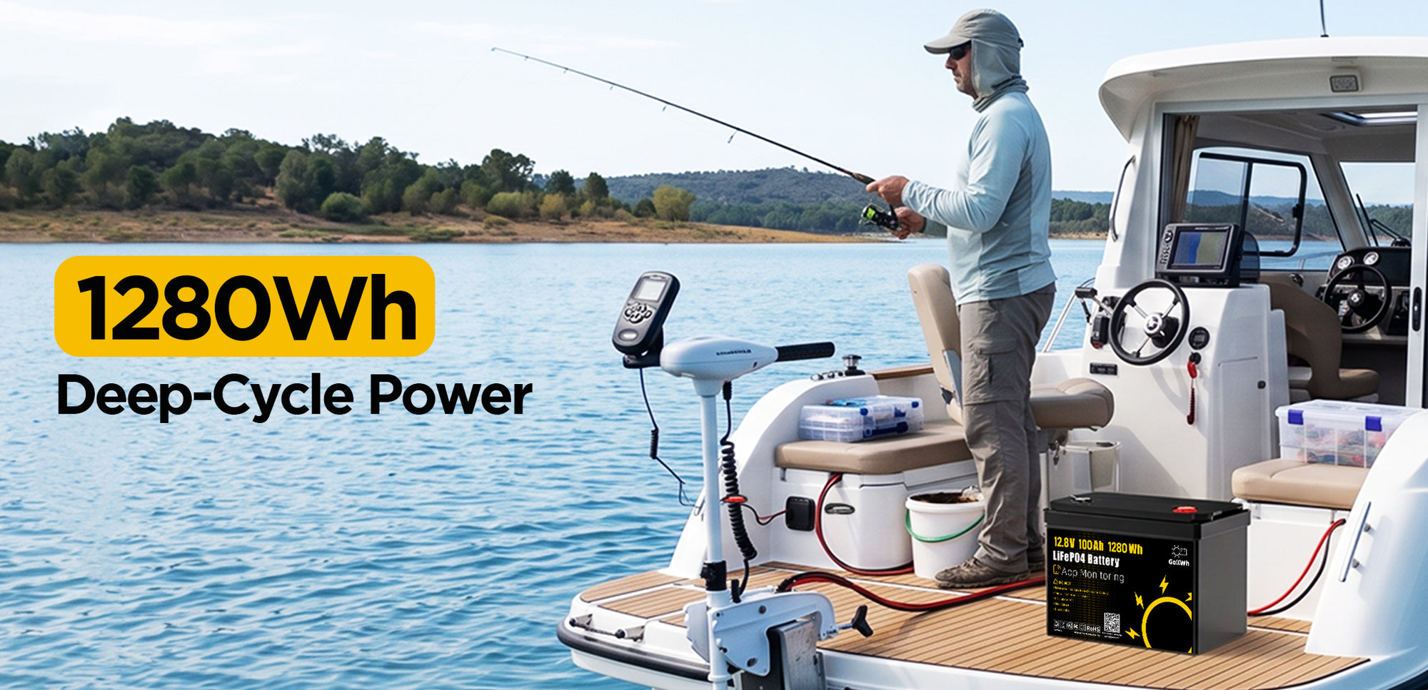 12V 100Ah LiFePO4 marine battery with 1280Wh deep-cycle power for trolling motors and marine electronics