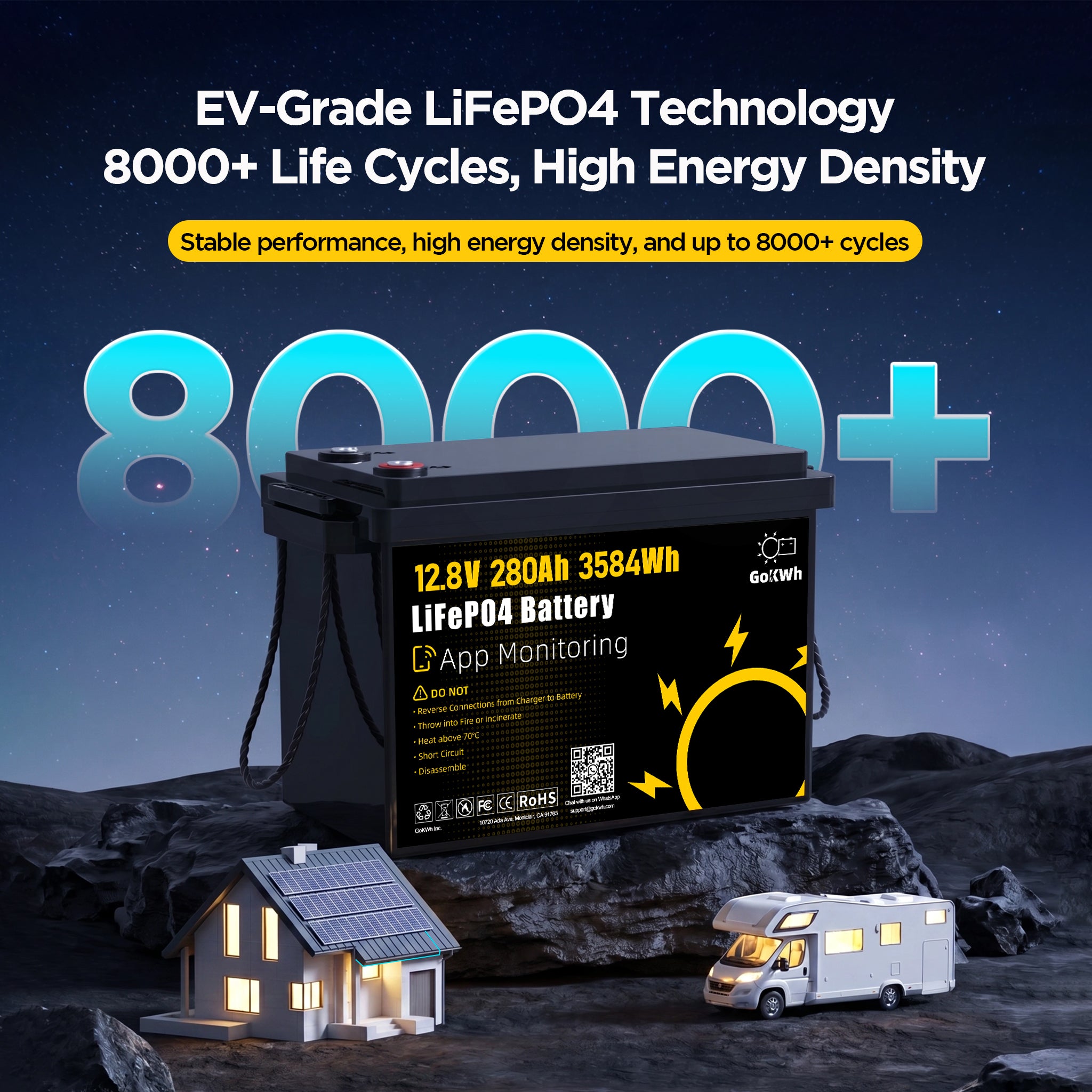 12V 280Ah LiFePO4 Deep Cycle Battery  with 200A BMS